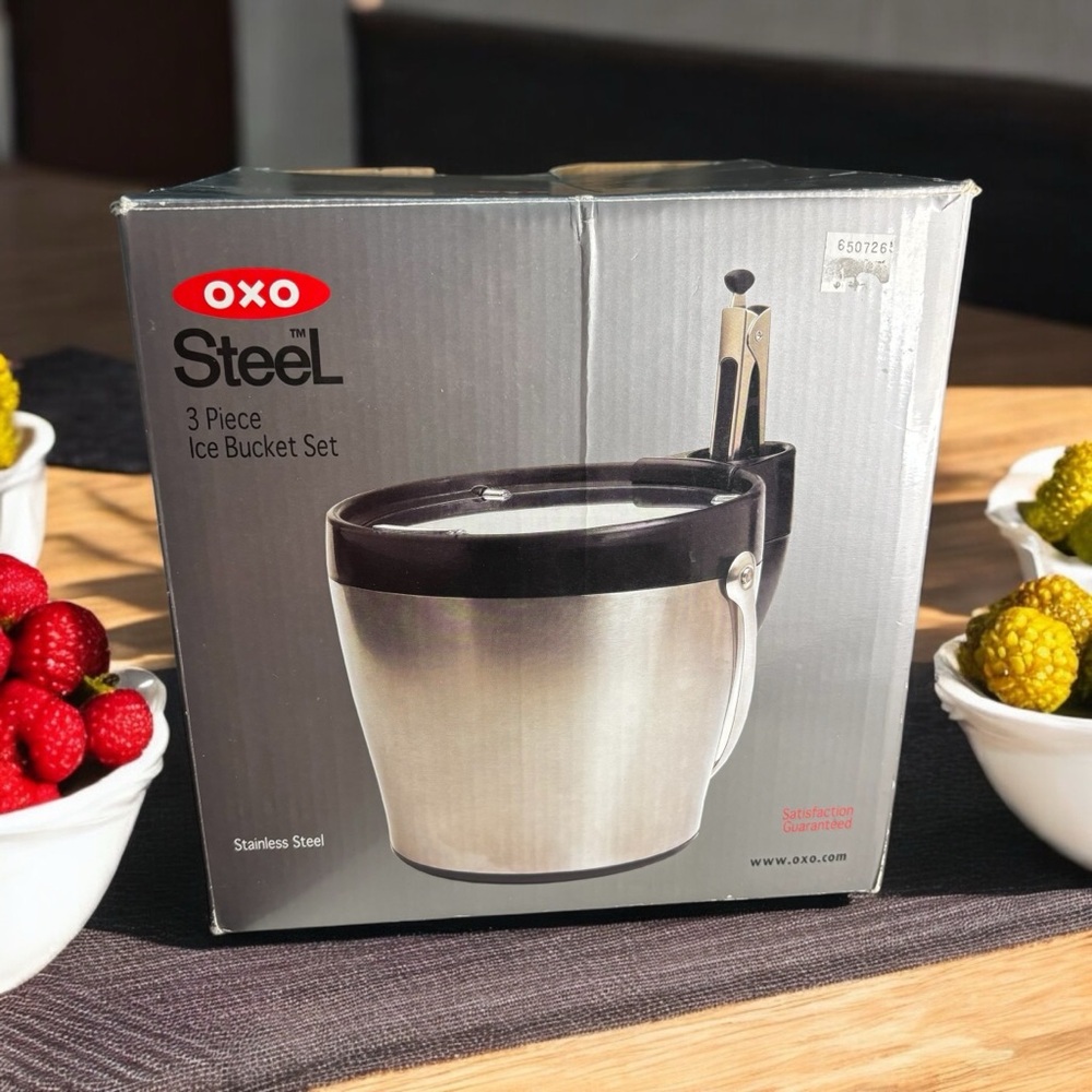 XOX Stainless Steel 3 Piece Ice Bucket Set 4 Quart Hinged Lid Handle Black Tong